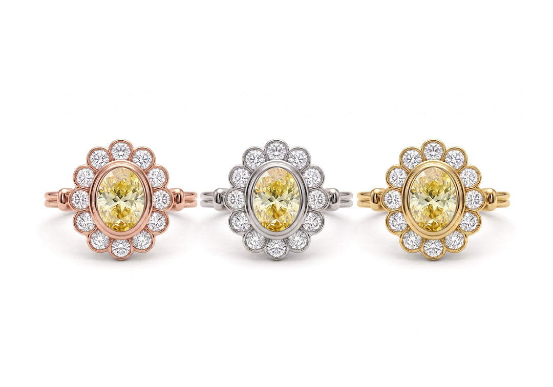 Bague de fiançailles Sous ton charme, trio de diamants de laboratoire jaunes – Flamme en Rose