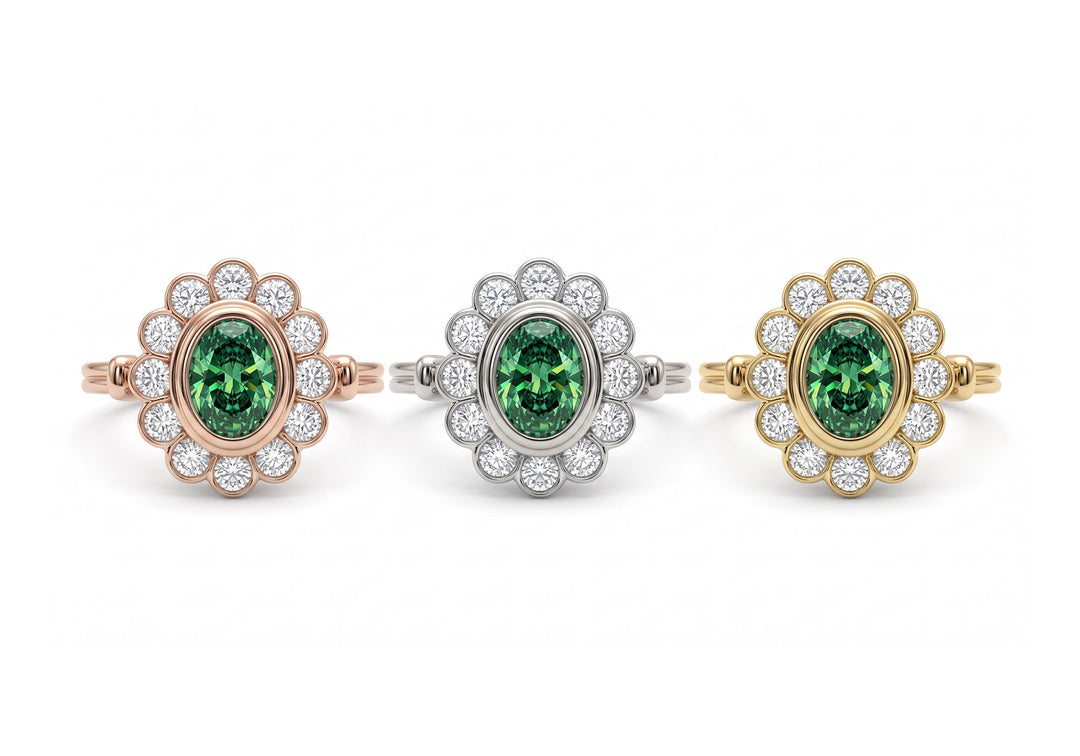 Bague de fiançailles Sous ton charme, trio de diamants de laboratoire verts – Flamme en Rose