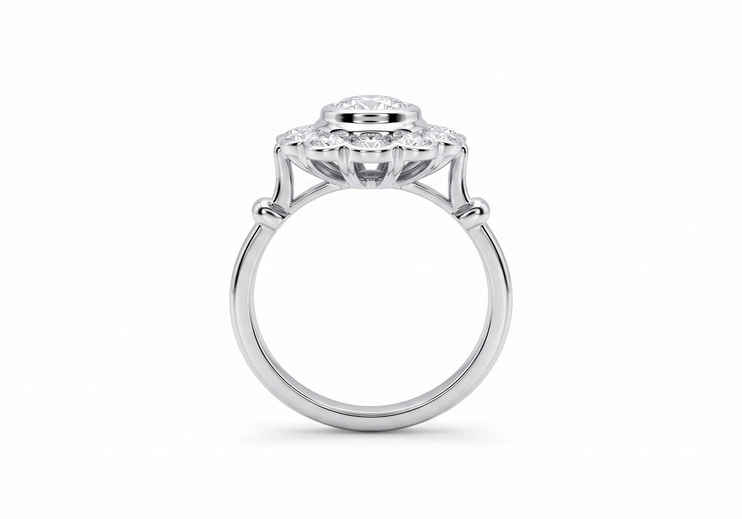 Bague de fiançailles marguerite avec diamants de laboratoire ovale et or blanc vue de haut