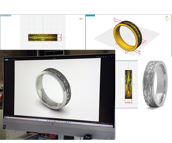Montage illustrant le processus de conception 3D d’une bague gravée : modélisation assistée par ordinateur, vues techniques en couleur, et rendu final du bijou en métal argenté avec motifs texturés – création sur mesure signée Flamme en rose.