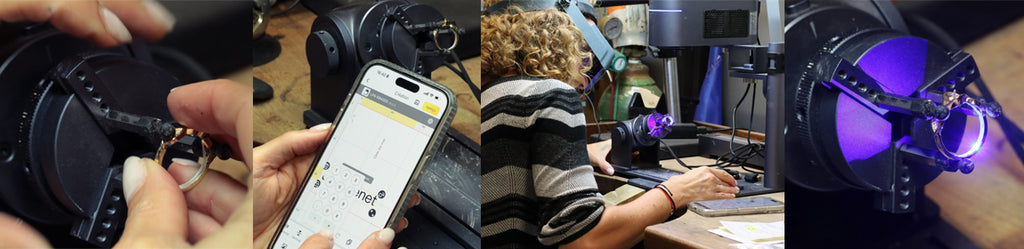 Montage photo montrant les étapes de la gravure laser sur bague en atelier de joaillerie : préparation de la pièce, configuration du texte sur écran, manipulation par une artisane, et gravure au faisceau violet sur métal précieux.