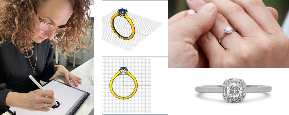 Montage montrant la création d’une bague de fiançailles : croquis numérique, rendus 3D, bijou fini et photo portée par la fiancée.