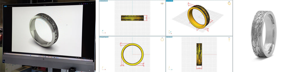 Montage illustrant le processus de conception 3D d’une bague gravée : modélisation assistée par ordinateur, vues techniques en couleur, et rendu final du bijou en métal argenté avec motifs texturés – création sur mesure signée Flamme en rose.