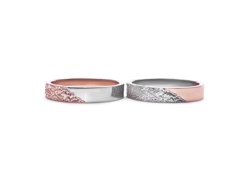 two man rings in white and pink gold between heaven and earth facing