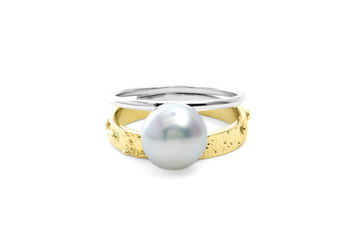 yellow gold double signature white pearl ring