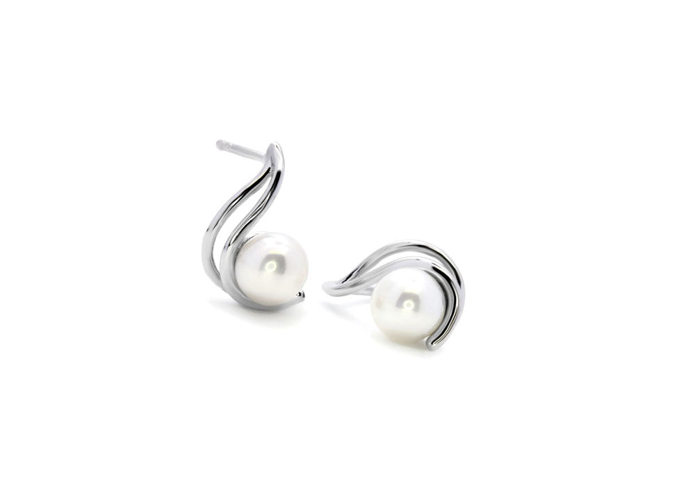 Curved sterling silver earrings with white freshwater pearl