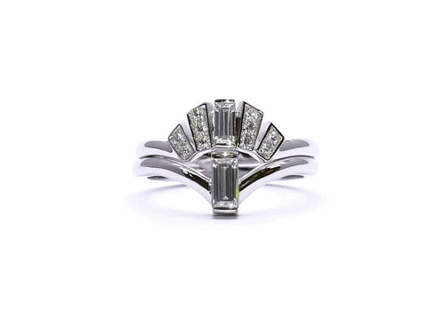 Duo of art deco style engagement and wedding rings with baguette diamonds